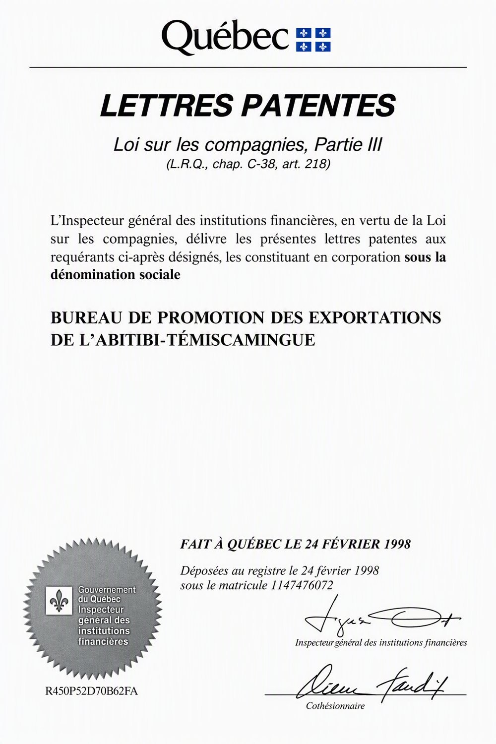 Première page des lettres patentes